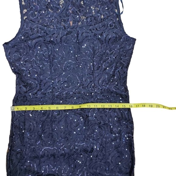 NEW MARINA Sequin Lace Gown Dress Sz 6 Navy Blue Sleeveless Sheath Keyhole Back - Picture 15 of 16